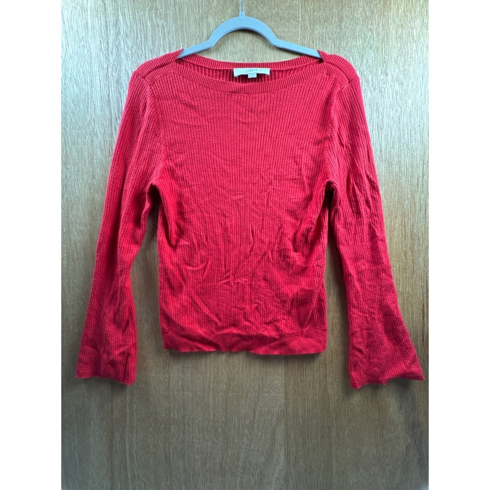 Loft Ribbed Sweater Women XL Red Excellent Boat Neck Bell Sleeve Knit Top